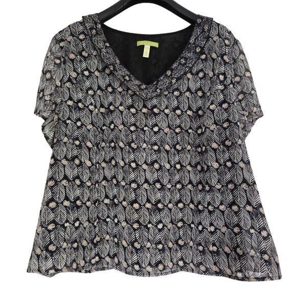 SIGRID OLSEN Black & Taupe Patterned V Neck Short Sleeve Blouse 20W - Picture 1 of 4